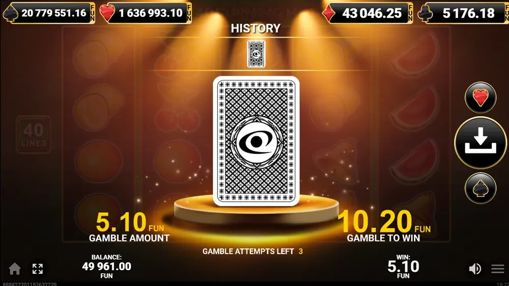 Екранот Gamble во 40 Burning Hot со превртена карта, влог од 5,10 и 10,20 за добивање