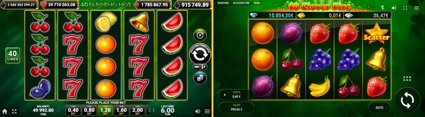 Основните игри на 40 Burning Hot и 40 Clover Fire една до друга, црвени седумки до јагоди и детелина